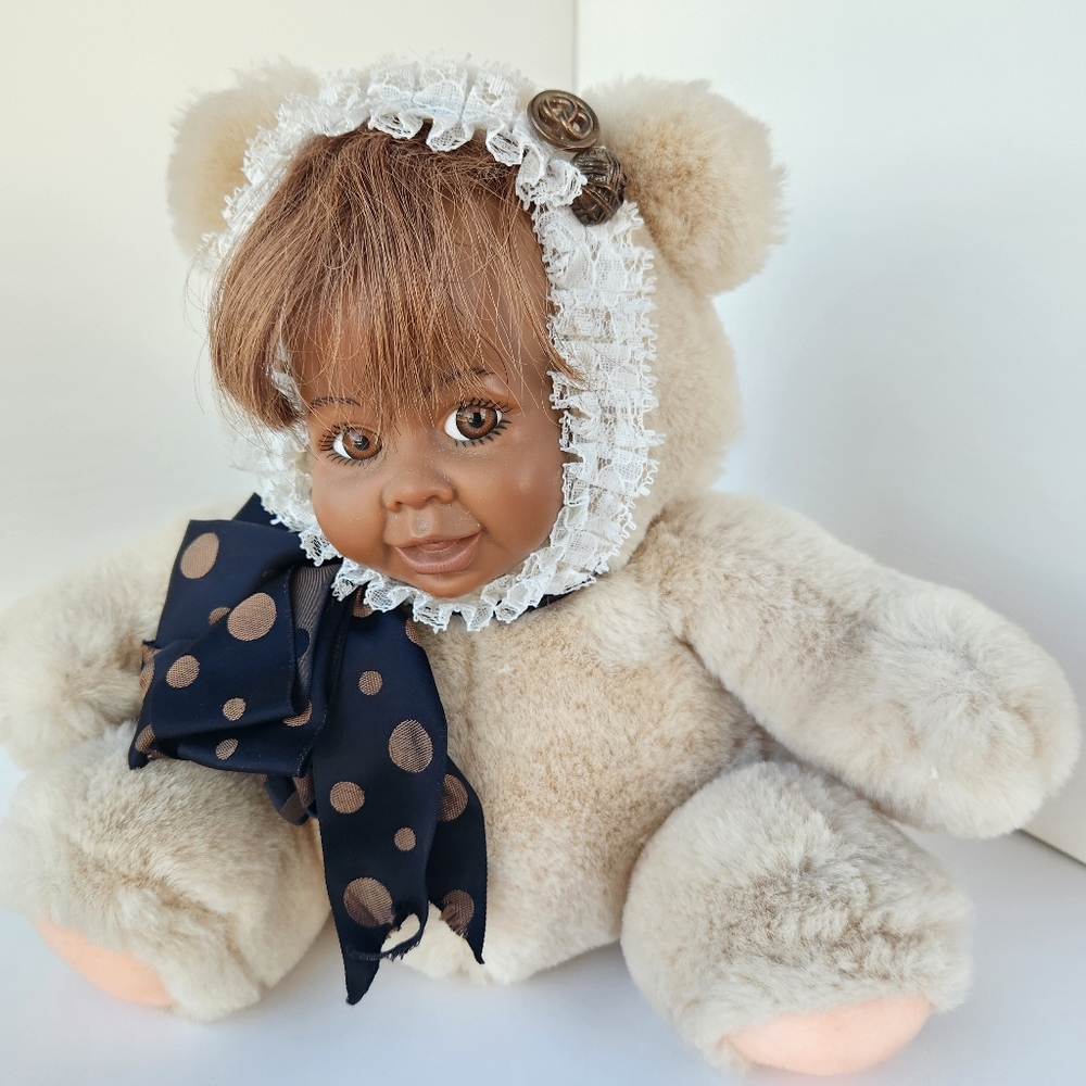 Vintage 90s baby doll teddy bear plush 10" tan Anne Geddes realistic kawaii gift